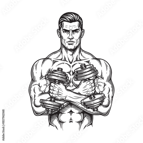 Muscular Bodybuilder Holding Dumbbells Vintage Sketch