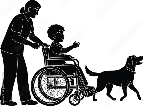 Wheelchair care silhouette, child and caregiver icon, dog companion gesture, black illustration, mobility support scene, therapeutic bond concept, inclusive movement symbol