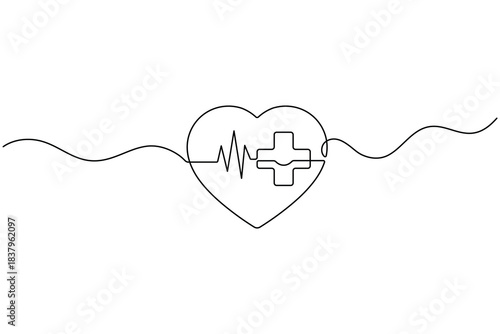 Continuous heart line with medical cross design. vector