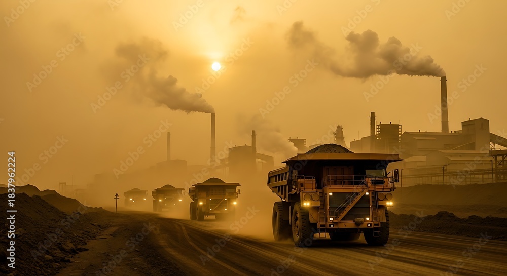 Fototapeta premium Heavy Mining Trucks Hauling Ore Through Polluted Industrial Landscape.