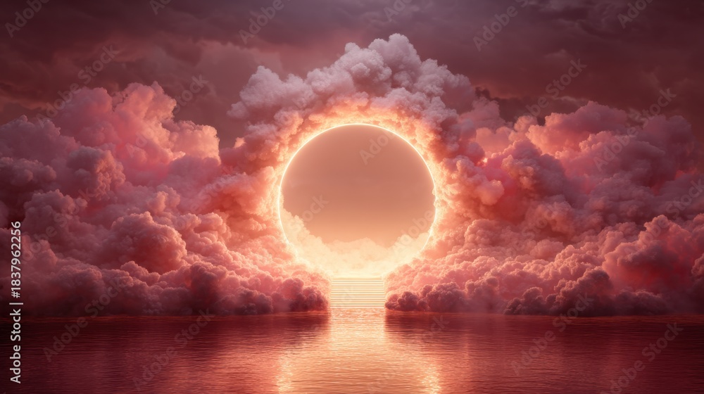 Fototapeta premium Glowing circle portal with clouds and stairs above water. Spiritual journey or new opportunity concept. Abstract fantasy landscape.