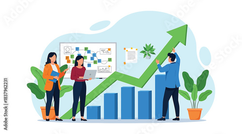 Illustration of three professionals analyzing growth data with charts, laptop, and clipboard, symbolizing teamwork, progress, and overcoming challenges in a modern business environment