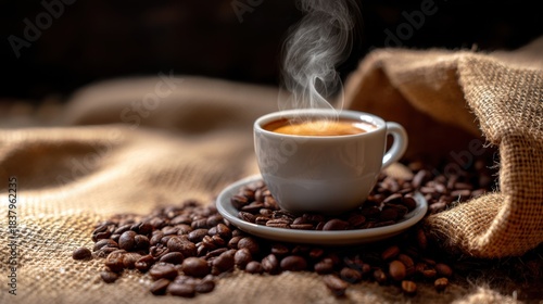 Steaming cup of espresso on a saucer surrounded by coffee beans and burlap sack. Hot morning drink for breakfast or coffee break concept.