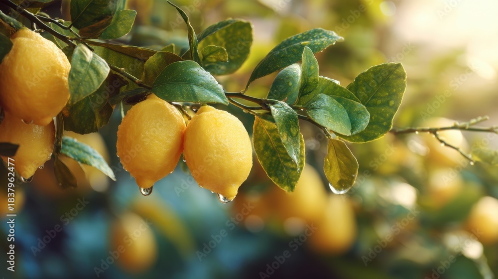 Obraz premium Fresh lemons hanging on a tree branch covered with water drops after rain. Natural citrus fruit for healthy food and drink in garden.