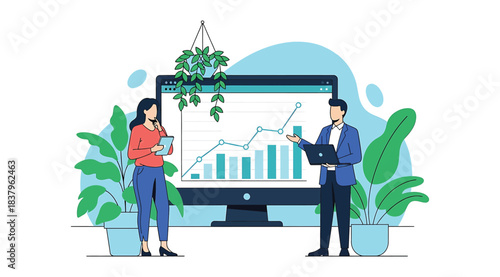 Illustration of two professionals analyzing data on large monitor with bar and line graphs, symbolizing business growth, performance review, and teamwork in a modern eco-friendly workspace