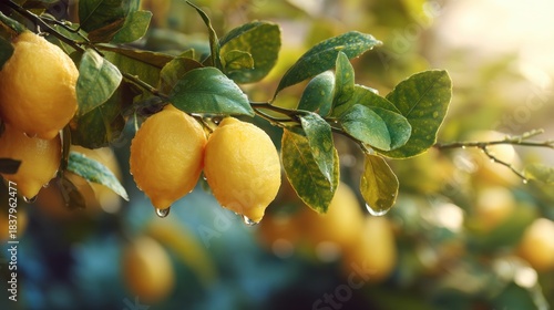 Fresh lemons hanging on a tree branch covered with water drops after rain. Natural citrus fruit for healthy food and drink in garden.