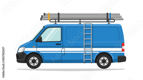 Blue van with ladder and pipes on roof