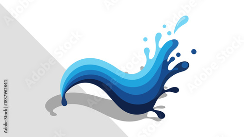 Blue water splash with shadow against a white and gray background
