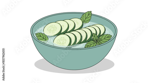 Bowl of sliced cucumbers and mint leaves in water