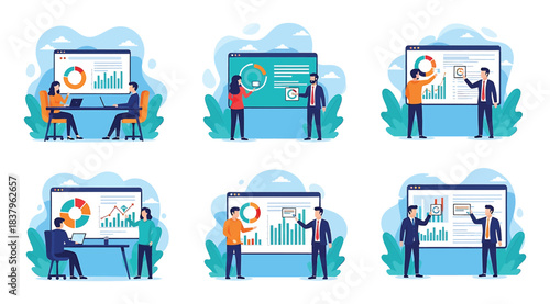 Collage of six illustrated scenes showing professionals interacting with charts and graphs, symbolizing business presentations, data analysis, and collaborative strategy planning in modern work settin