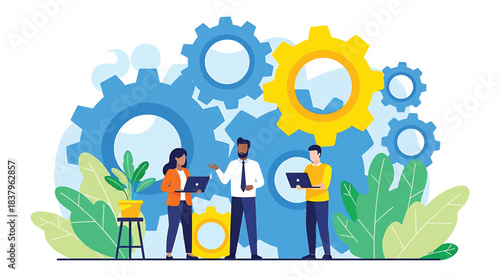 Illustration of three professionals discussing project strategy in front of large interlocked gears, symbolizing teamwork, productivity, and planning in a modern workspace with tech and nature element