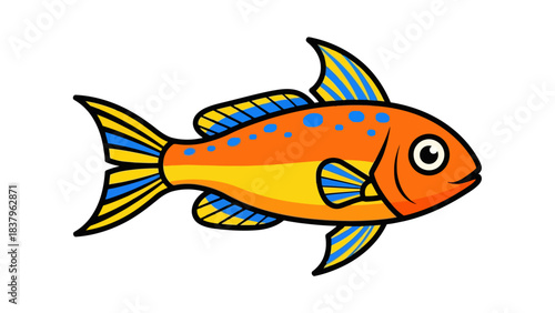 Cartoon orange and yellow fish with blue spots and fins