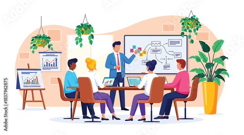 Illustration of five professionals in a modern office engaged in a strategic meeting with charts, sticky notes, and whiteboard visuals, symbolizing teamwork, planning, and collaboration in a creative 