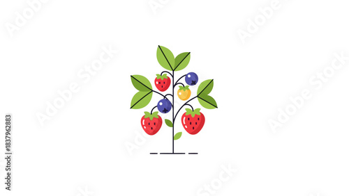 Cartoon plant with strawberries blueberries and one yellow fruit