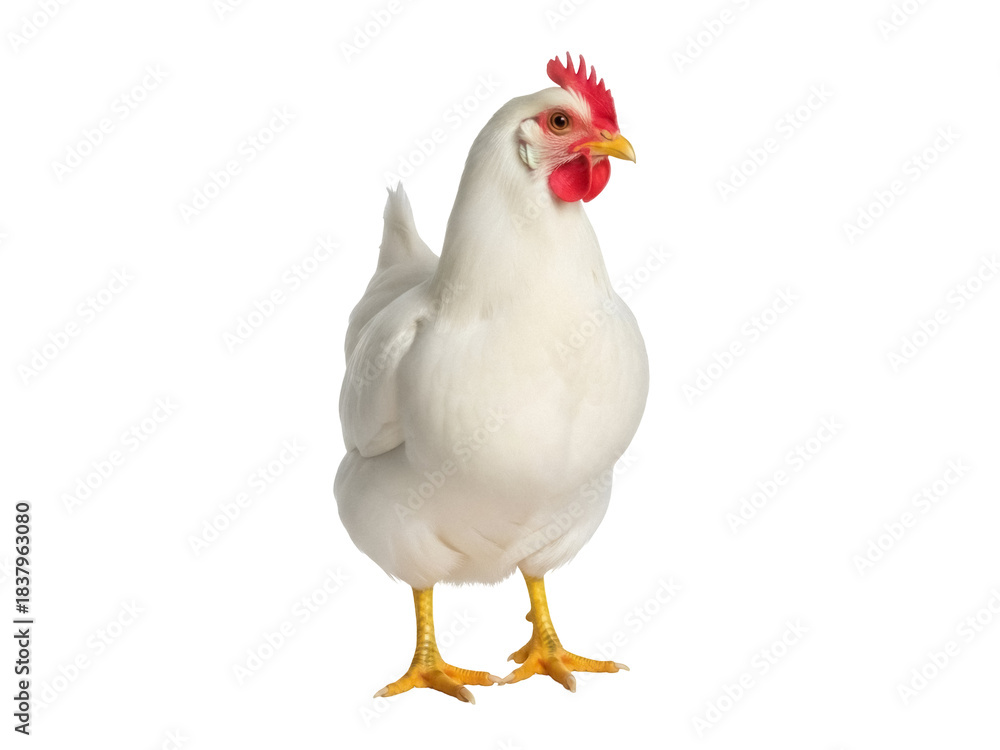 Fototapeta premium Isolated leucistic hen with red comb and yellow beak standing looking to the right, livestock animal