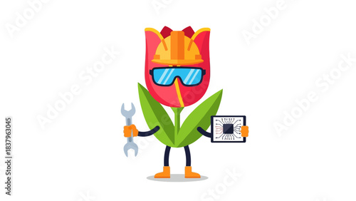 Cartoon tulip with hard hat goggles wrench and circuit board
