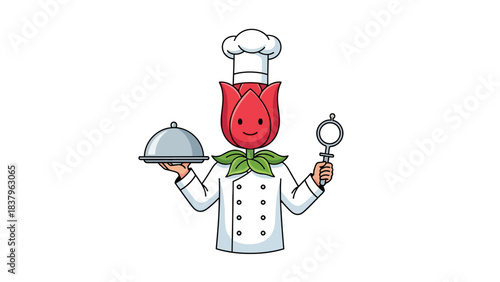 Chef rose holding a platter and a whisk