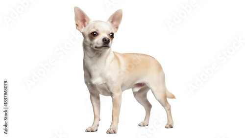 Isolated short-haired Chihuahua dog is posing against a plain studio backdrop while looking away