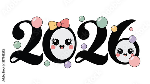 New Year Greeting 2026: A cheerful and festive graphic celebrates the arrival of 2026, filled with colorful balloons and cute animated numbers.
