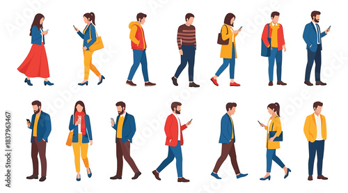 Illustrated collection of twelve individuals walking while using smartphones, showcasing casual attire and side profiles, symbolizing modern digital habits and mobile technology in everyday life