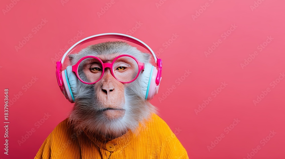 Fototapeta premium A funky monkey wearing bright glasses and colorful headphones, set against a vibrant pink background. Unique style concept.