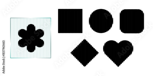 Abstract frost texture logo, ribbed glass overlay. Circle sleek heart, square diamond line, distorted shape. Glitch overlay wavy polycarbonate plate, futuristic aura on dark bg. Fractal stripe button