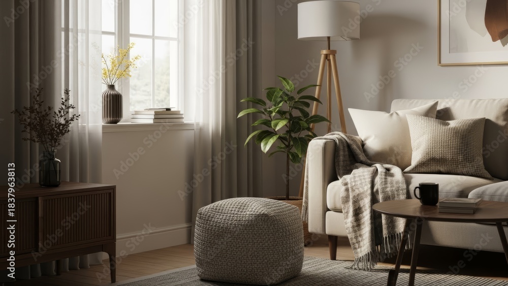 Obraz premium Cozy Living Room Interior Design Modern Home Decor, Neutral Tones, Comfort