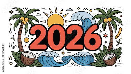 Vibrant 2026: A cheerful, summer-themed illustration announces the year 2026, filled with tropical elements and a sense of optimism. 