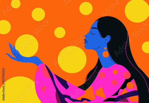 Profile illustration of a blue-skinned woman surrounded by yellow orbs on orange.