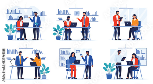Collection of six illustrated office scenes showing professional pairs collaborating on laptops, documents, and presentations, symbolizing teamwork, productivity, and communication in modern workspace