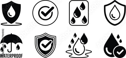 Waterproof protection icons with water drop symbols, moisture resistance badges, safety shield graphics, liquid-proof design elements, durability verification vector set