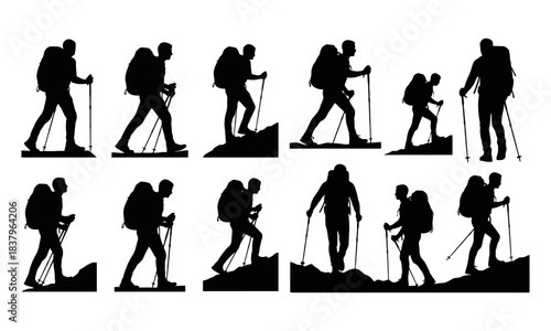 Outdoor adventurers: silhouettes of hikers with backpacks and trekking poles set.