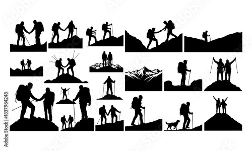 Hiking and trekking outdoor adventure silhouettes collection on white