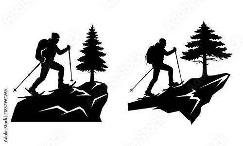 Winter sport silhouettes on mountain with pine trees, outdoor adventure scene.