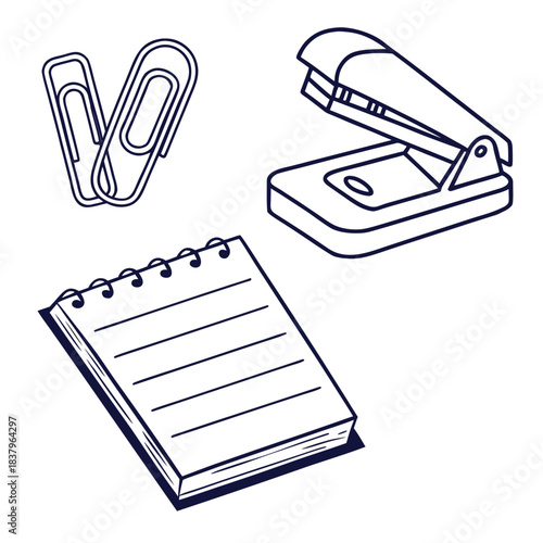 Office Tools Icon Set  Paper Clip  Stapler  Notepa Vector Icon Set
