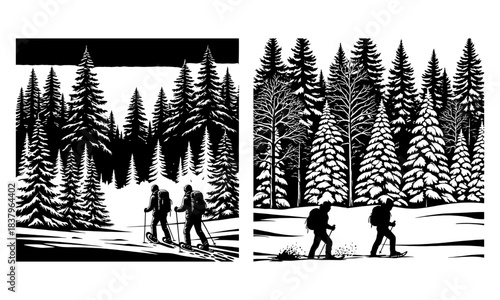 Winter forest adventure: people snowshoeing through snowy pine woods.