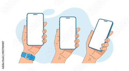 Illustration of three hands holding smartphones with blank screens in varied orientations, symbolizing mobile technology, user interaction, and digital communication in a modern abstract setting