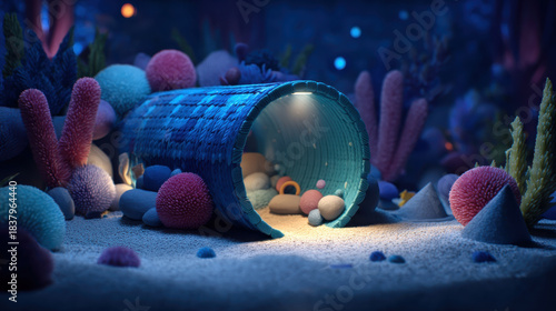 Fototapeta Naklejka Na Ścianę i Meble -  Underwater tunnel scene with colorful coral and soft lighting