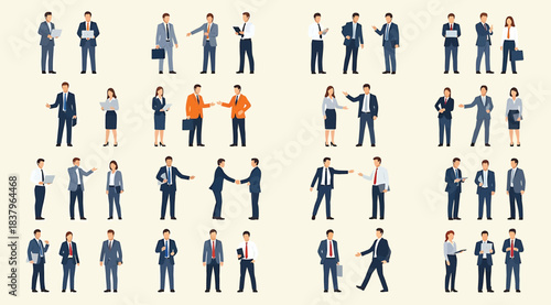 Grid of illustrated business professionals in various poses and interactions, including handshakes, discussions, and presentations, symbolizing workplace diversity, communication, and professional beh