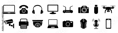 Device icon collection. Smartphone, laptop computer, headphones and digital camera, containing mouse.