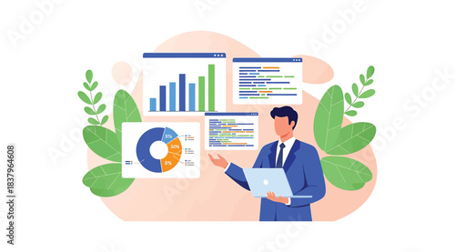 Illustration of business professional presenting charts and graphs with laptop in hand, symbolizing data analysis, business intelligence, and visual storytelling in a modern, decorative workspace