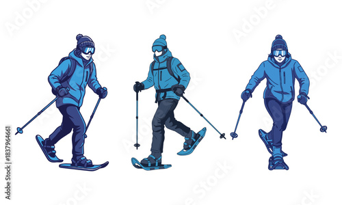 Three active people engaged in winter snowshoeing with gear and poles.
