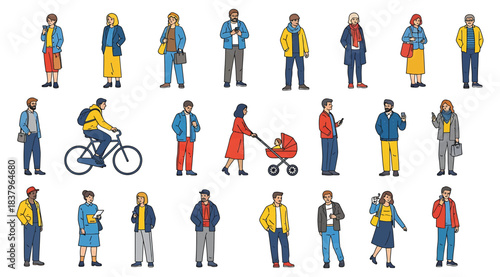 Collection of 24 illustrated individuals in casual outfits engaged in urban activities like walking, biking, and parenting, symbolizing diversity, lifestyle, and movement in everyday public settings