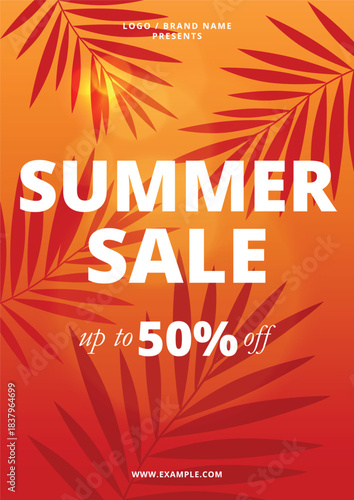 Blazing summer sale poster with palm leaves and burning sky – Vector A0 template