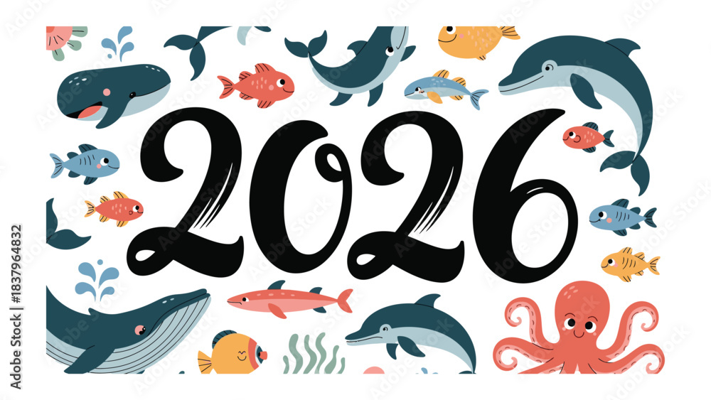 Fototapeta premium Year 2026: Aquatic Charm: An illustration for a design with the year 2026, embellished with playful sea creatures, evoking the spirit of the ocean in a colorful and captivating design.