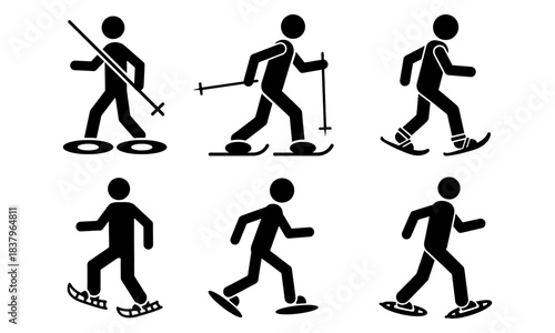 Stick figure snowshoeing and cross-country skiing winter activities vector