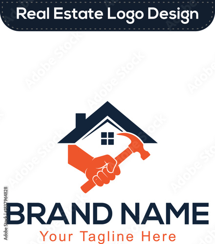 Real Estate Home Construction Logo - Hand Holding Hammer and House Repair Vector Icon