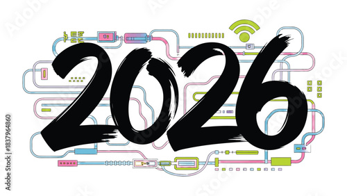 2026 Innovation: A modern graphic design emphasizing on wireless connection in the year 2026. 