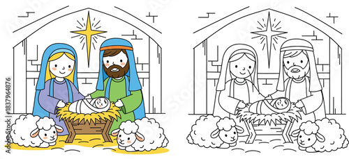 Christmas nativity scene vector illustration with coloring page outline featuring Mary Joseph Baby Jesus and sheep in stable cute cartoon holy family doodle for kids education