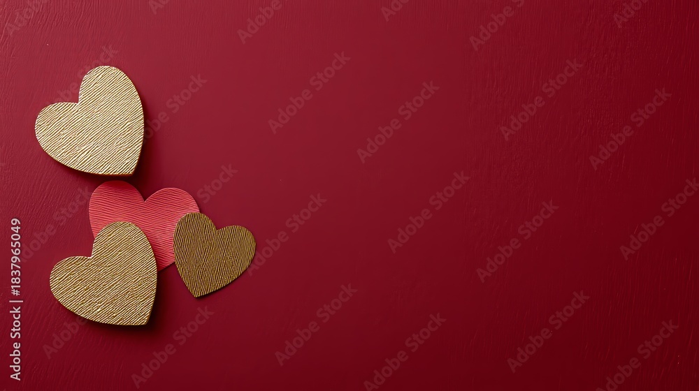 Fototapeta premium Red Background with Gold and Red Paper Hearts 